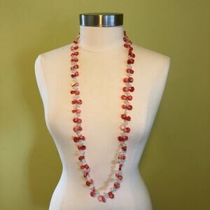 Long teardrop shaped coral and crystal beaded layering necklace, 42" L S…